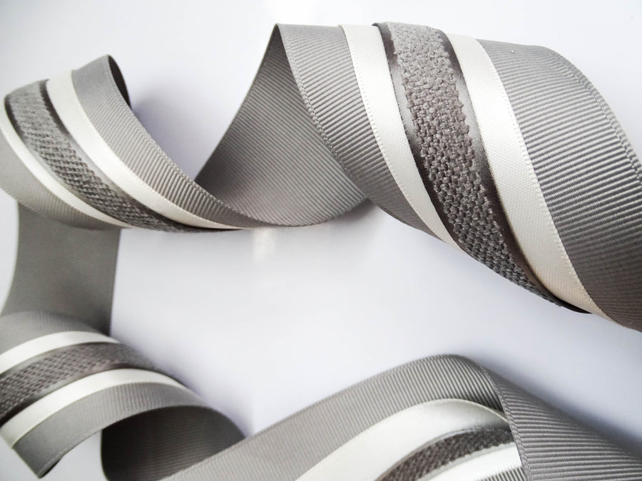 Elegant Grey & Cream Ribbon Trio Set – Luxury Grosgrain, Satin & Woven Decorative Ribbon Bundle for Fashion & Gift Styling