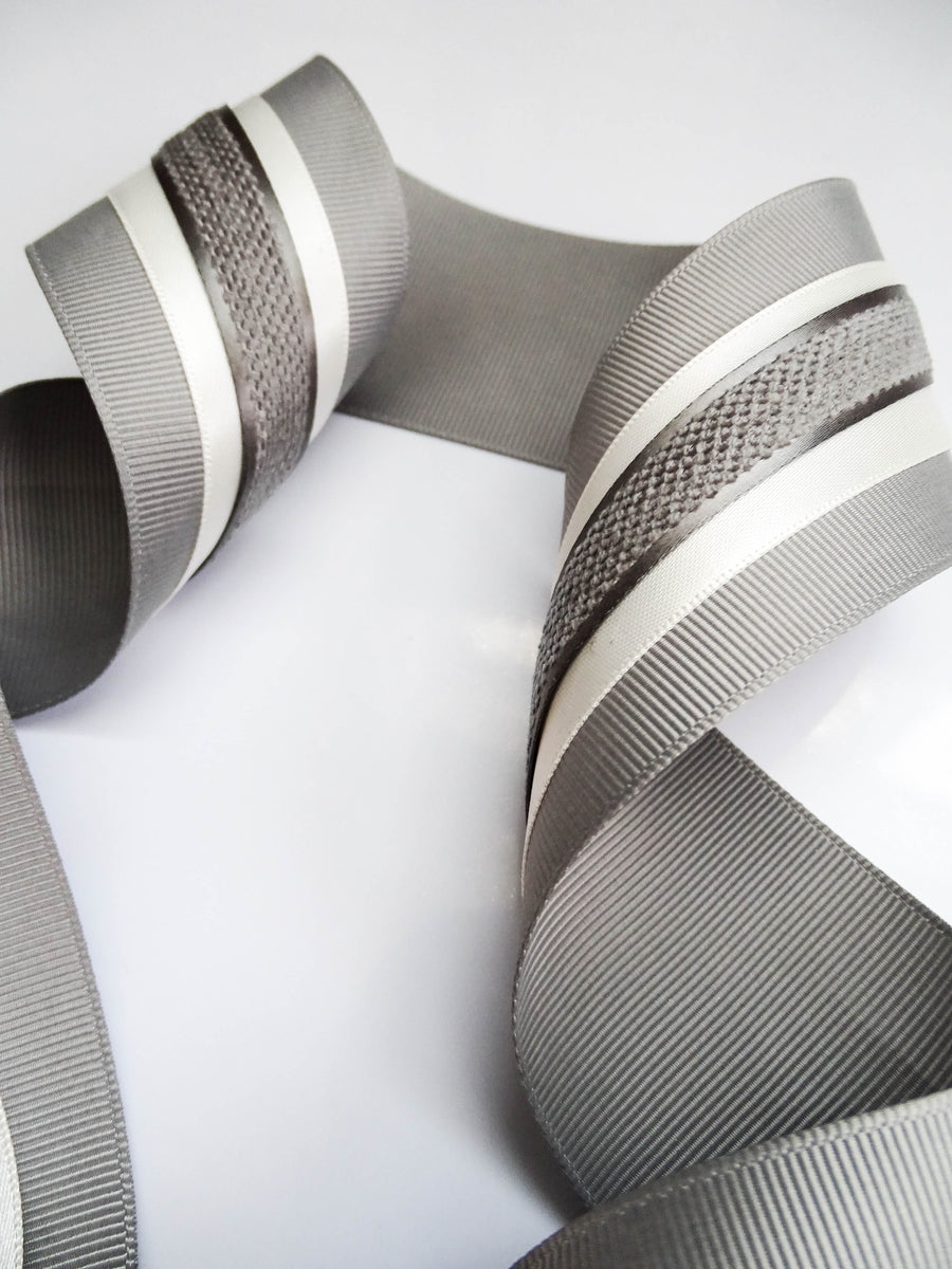 Elegant Grey & Cream Ribbon Trio Set – Luxury Grosgrain, Satin & Woven Decorative Ribbon Bundle for Fashion & Gift Styling