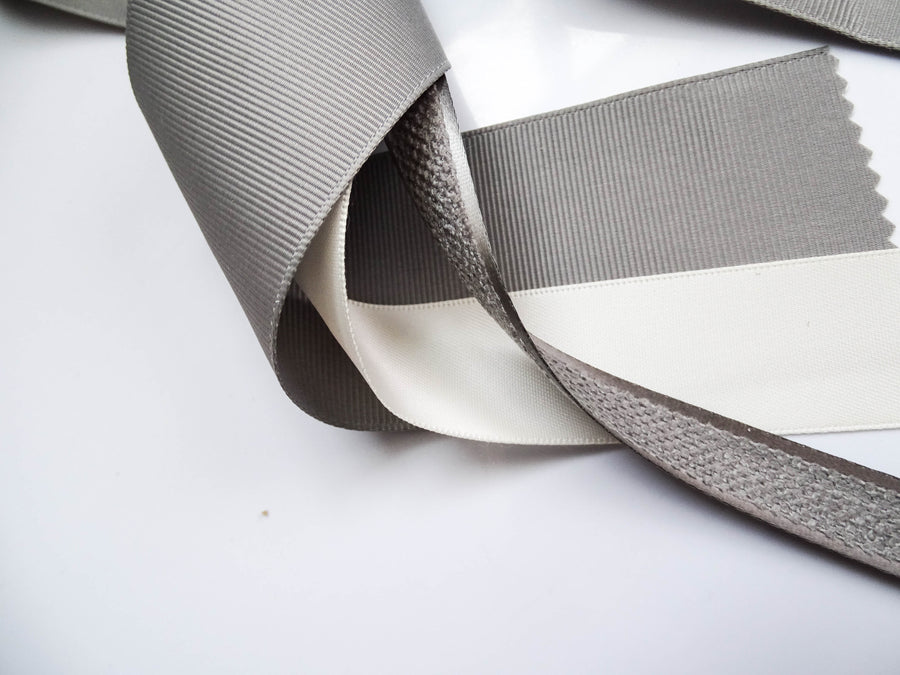 Elegant Grey & Cream Ribbon Trio Set – Luxury Grosgrain, Satin & Woven Decorative Ribbon Bundle for Fashion & Gift Styling
