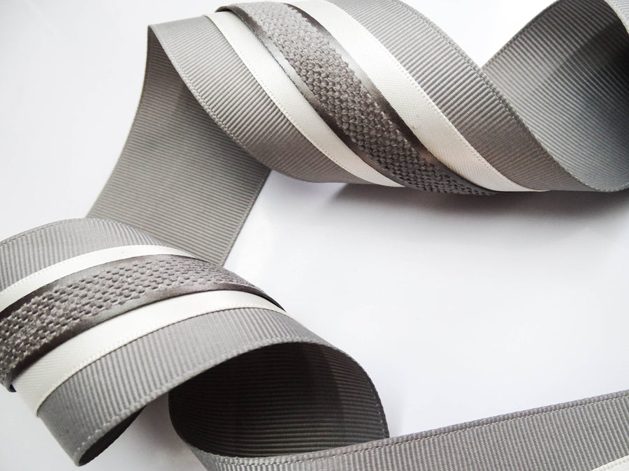 Elegant Grey & Cream Ribbon Trio Set – Luxury Grosgrain, Satin & Woven Decorative Ribbon Bundle for Fashion & Gift Styling