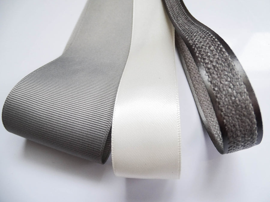 Elegant Grey & Cream Ribbon Trio Set – Luxury Grosgrain, Satin & Woven Decorative Ribbon Bundle for Fashion & Gift Styling