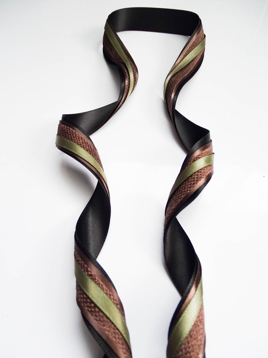 Elegant Black, Coffee & Green Ribbon Trio Set – Luxury Satin & Fine Woven Decorative Ribbon Bundle for Fashion & Gift Styling