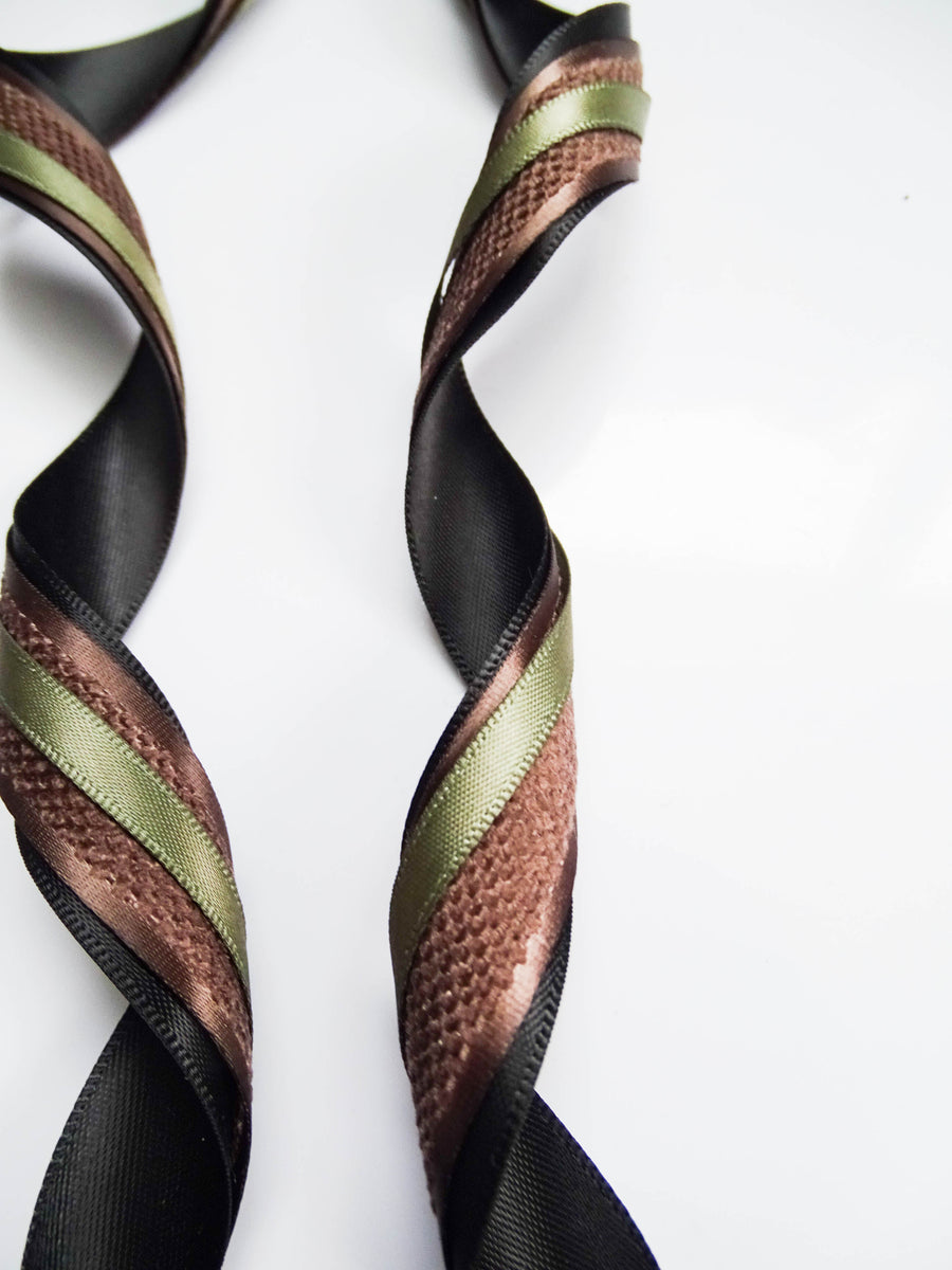 Elegant Black, Coffee & Green Ribbon Trio Set – Luxury Satin & Fine Woven Decorative Ribbon Bundle for Fashion & Gift Styling