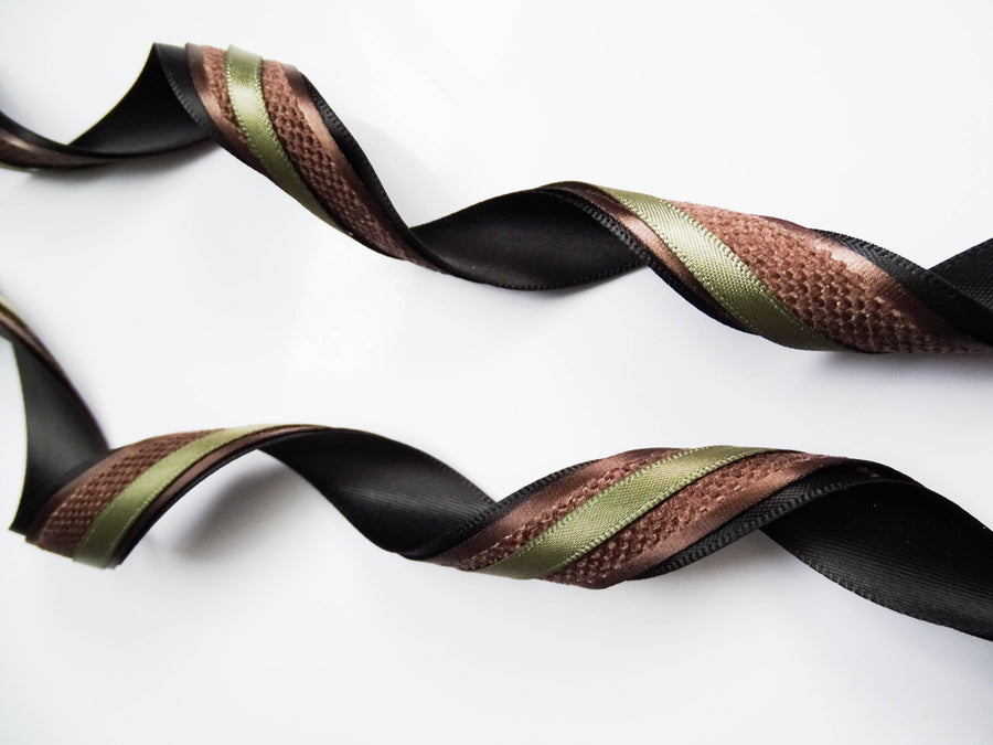 Elegant Black, Coffee & Green Ribbon Trio Set – Luxury Satin & Fine Woven Decorative Ribbon Bundle for Fashion & Gift Styling