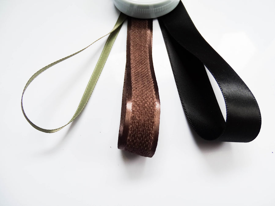 Elegant Black, Coffee & Green Ribbon Trio Set – Luxury Satin & Fine Woven Decorative Ribbon Bundle for Fashion & Gift Styling