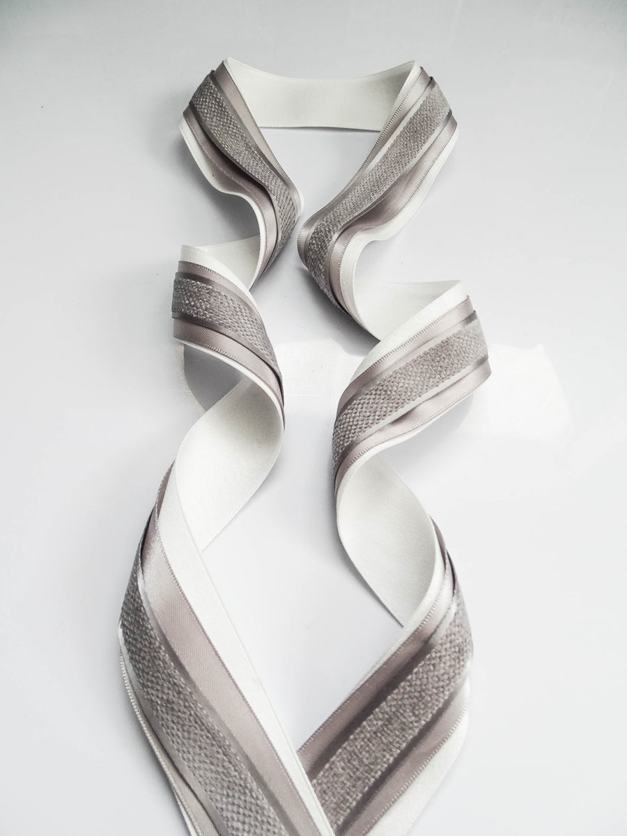 Elegant Cream & Grey Ribbon Trio Set – Luxury Satin & Woven Decorative Ribbon Bundle for Fashion, Gift Wrapping & Event Styling