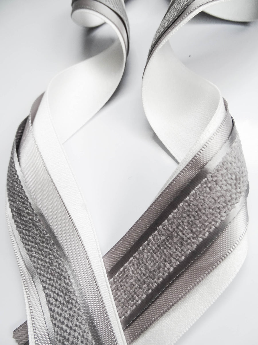 Elegant Cream & Grey Ribbon Trio Set – Luxury Satin & Woven Decorative Ribbon Bundle for Fashion, Gift Wrapping & Event Styling