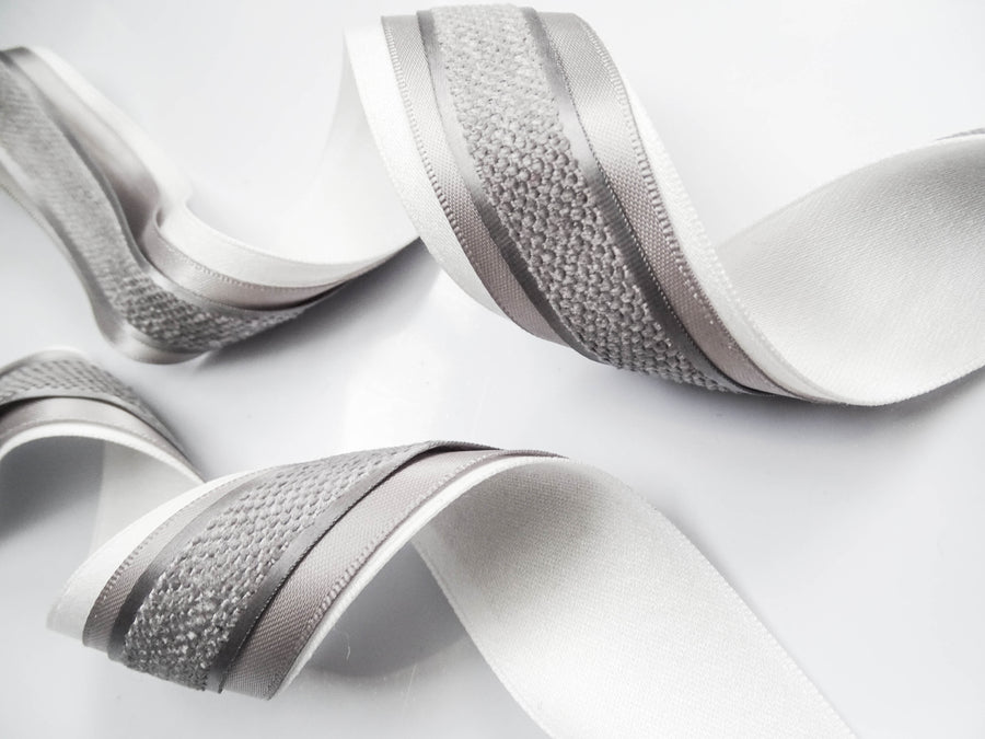 Elegant Cream & Grey Ribbon Trio Set – Luxury Satin & Woven Decorative Ribbon Bundle for Fashion, Gift Wrapping & Event Styling