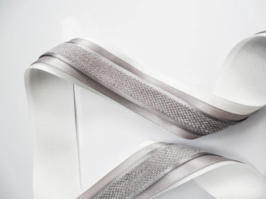 Elegant Cream & Grey Ribbon Trio Set – Luxury Satin & Woven Decorative Ribbon Bundle for Fashion, Gift Wrapping & Event Styling