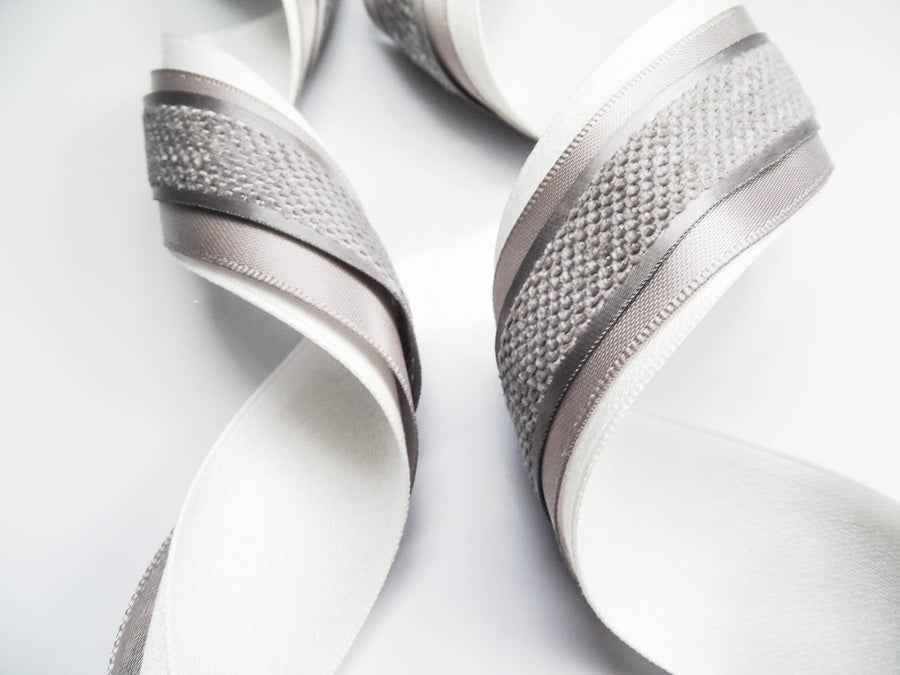 Elegant Cream & Grey Ribbon Trio Set – Luxury Satin & Woven Decorative Ribbon Bundle for Fashion, Gift Wrapping & Event Styling