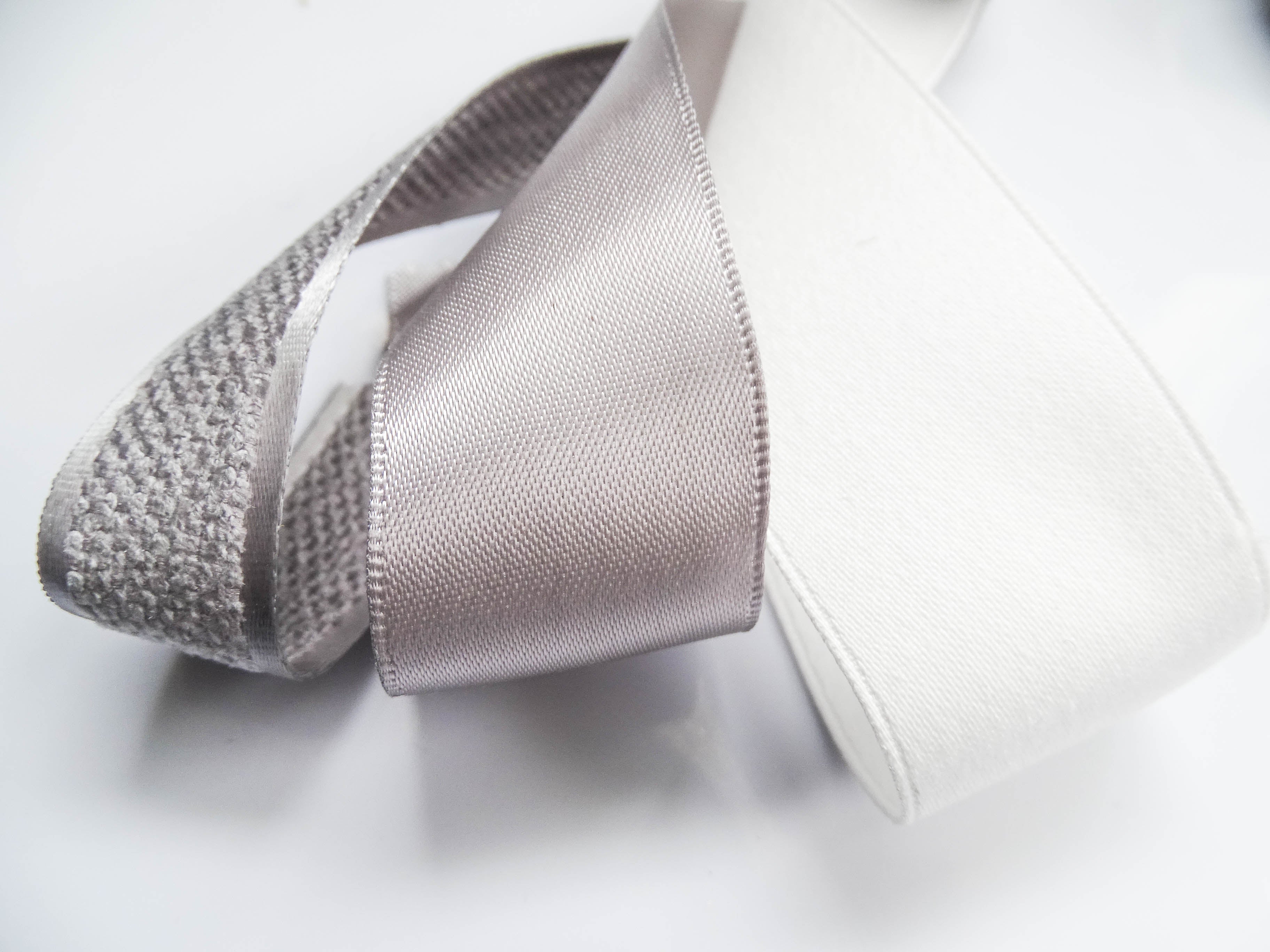 Elegant Cream & Grey Ribbon Trio Set – Luxury Satin & Woven Decorative Ribbon Bundle for Fashion, Gift Wrapping & Event Styling