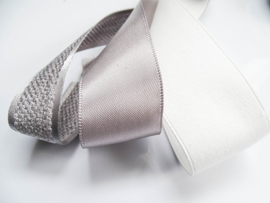 Elegant Cream & Grey Ribbon Trio Set – Luxury Satin & Woven Decorative Ribbon Bundle for Fashion, Gift Wrapping & Event Styling
