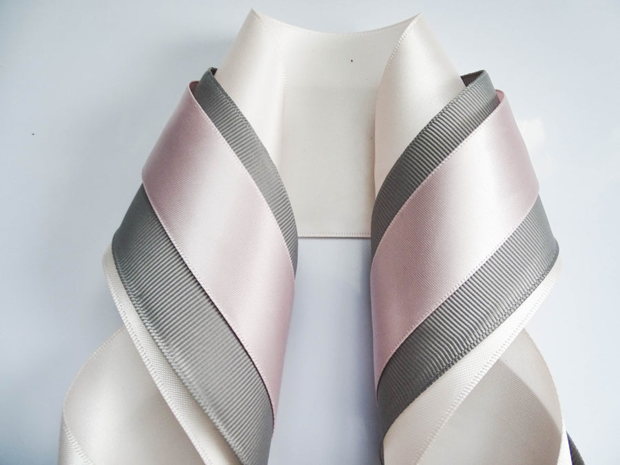 Elegant Cream, Grey & Pink Satin Ribbon Trio Set – Luxury Decorative Ribbon Bundle for Fashion & Gift Styling