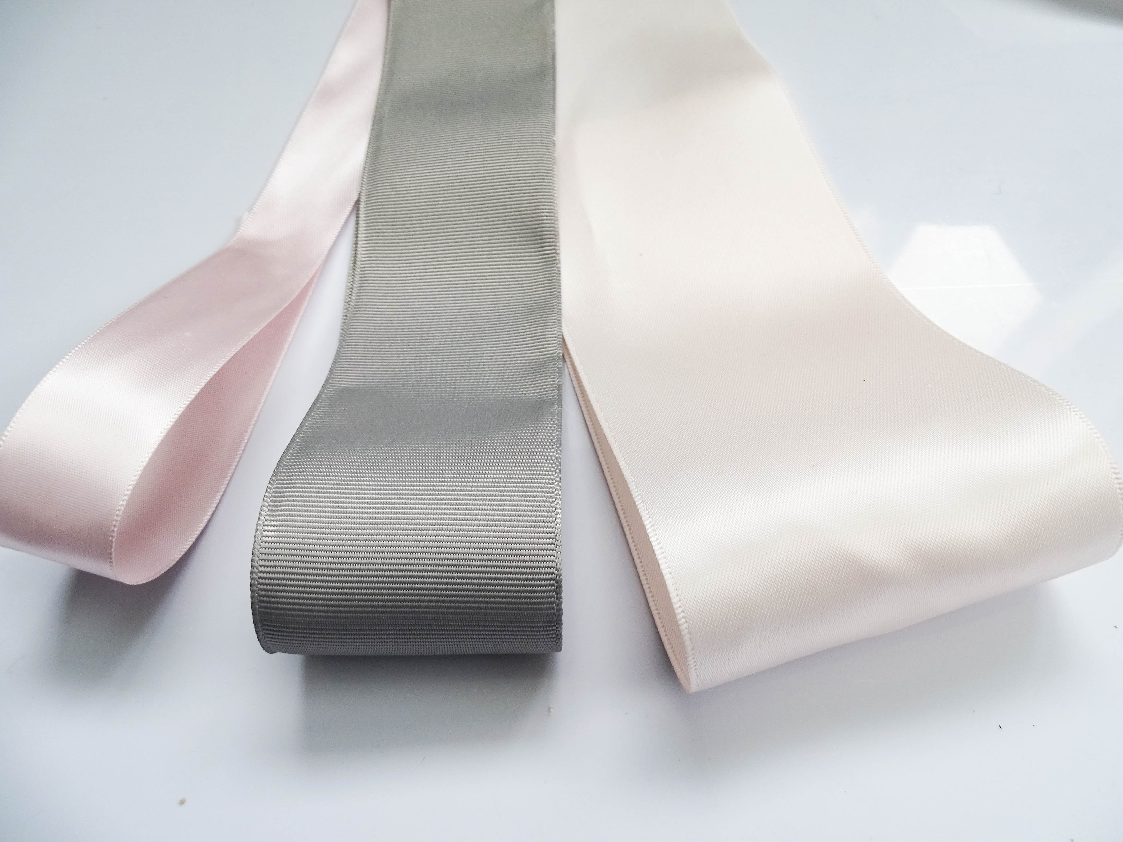 Elegant Cream, Grey & Pink Satin Ribbon Trio Set – Luxury Decorative Ribbon Bundle for Fashion & Gift Styling