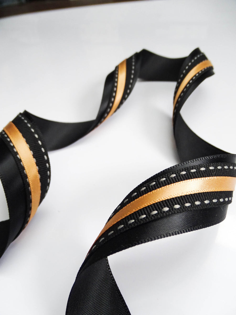 Elegant Black & Gold Ribbon Trio Set – Luxury Satin, Grosgrain & Metallic Decorative Ribbon Bundle for Fashion & Gift Styling