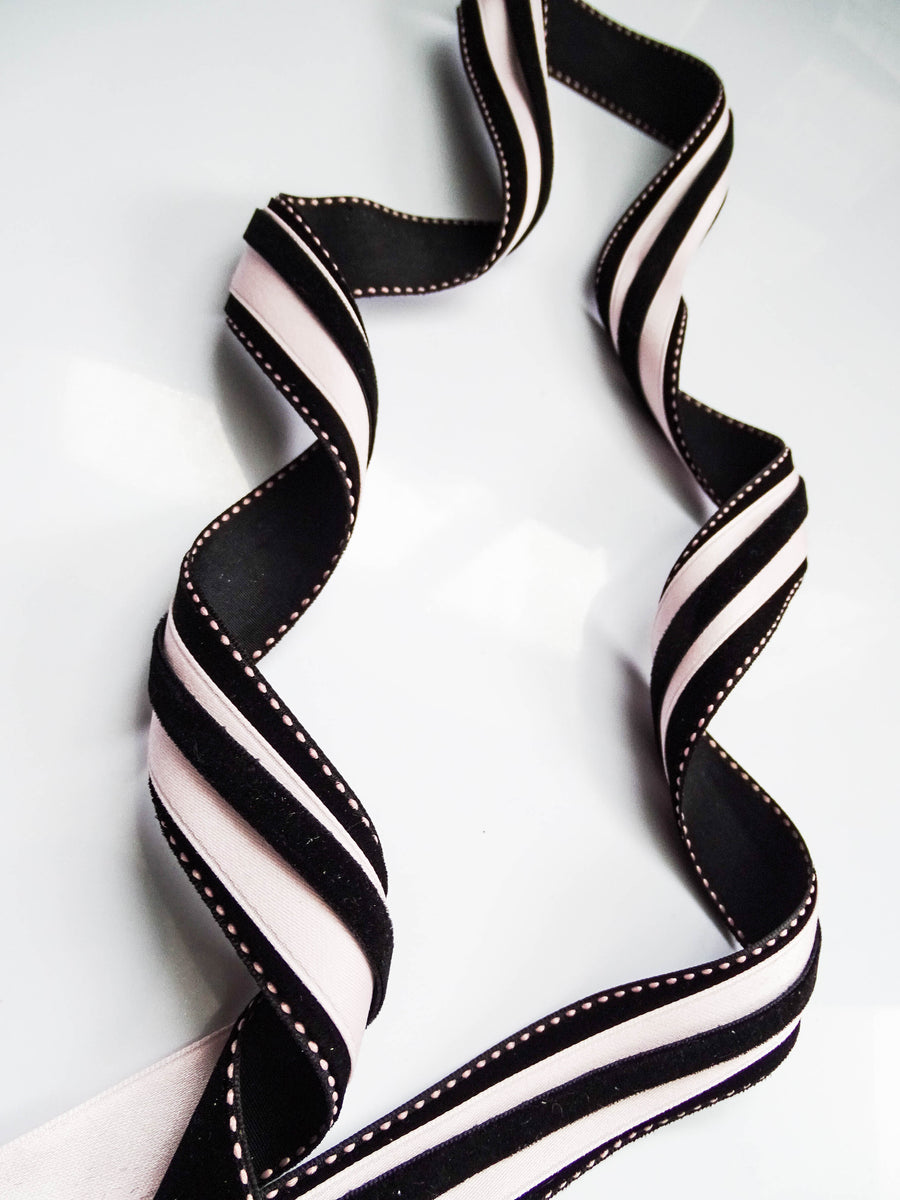 Elegant Black Velvet & Pink Satin Ribbon Trio Set – Luxury Lace Trim Decorative Ribbon Bundle for Fashion & Gift Styling