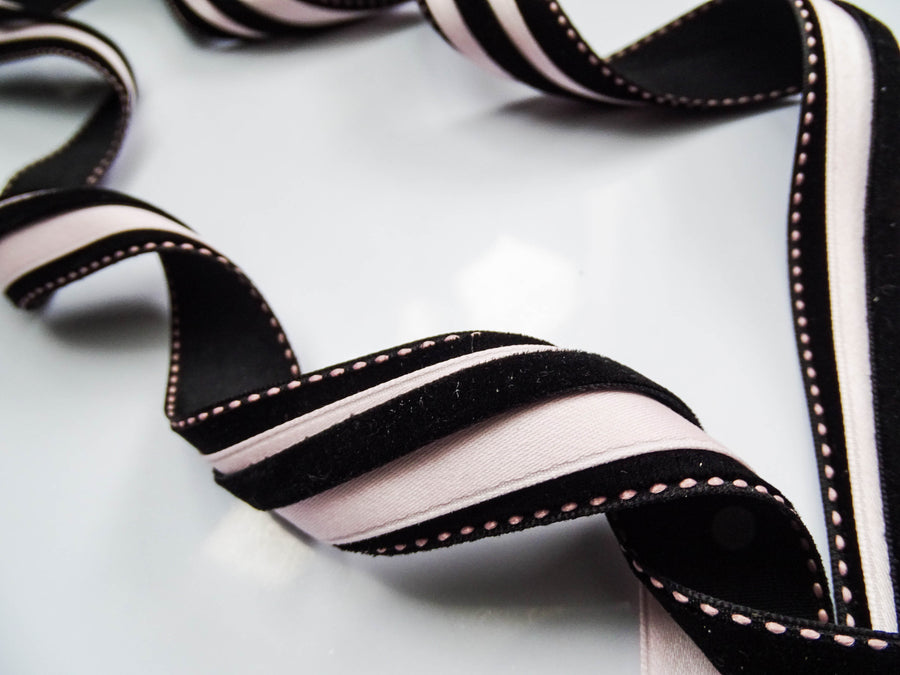 Elegant Black Velvet & Pink Satin Ribbon Trio Set – Luxury Lace Trim Decorative Ribbon Bundle for Fashion & Gift Styling