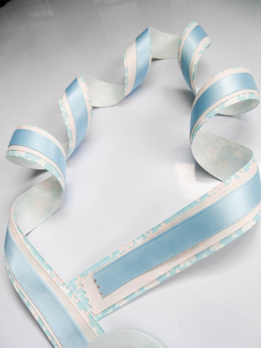 Elegant Pastel Floral Ribbon Trio Set – Cream Blue Floral Grosgrain, Blush Pink & Light Blue Satin Decorative Ribbon Bundle