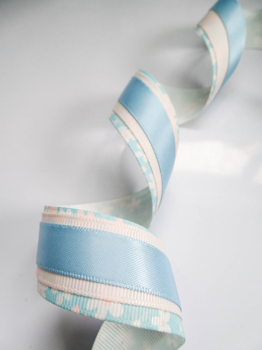 Elegant Pastel Floral Ribbon Trio Set – Cream Blue Floral Grosgrain, Blush Pink & Light Blue Satin Decorative Ribbon Bundle