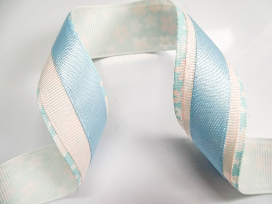 Elegant Pastel Floral Ribbon Trio Set – Cream Blue Floral Grosgrain, Blush Pink & Light Blue Satin Decorative Ribbon Bundle