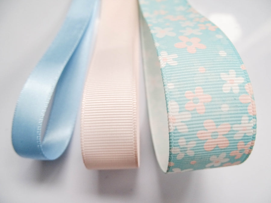 Elegant Pastel Floral Ribbon Trio Set – Cream Blue Floral Grosgrain, Blush Pink & Light Blue Satin Decorative Ribbon Bundle