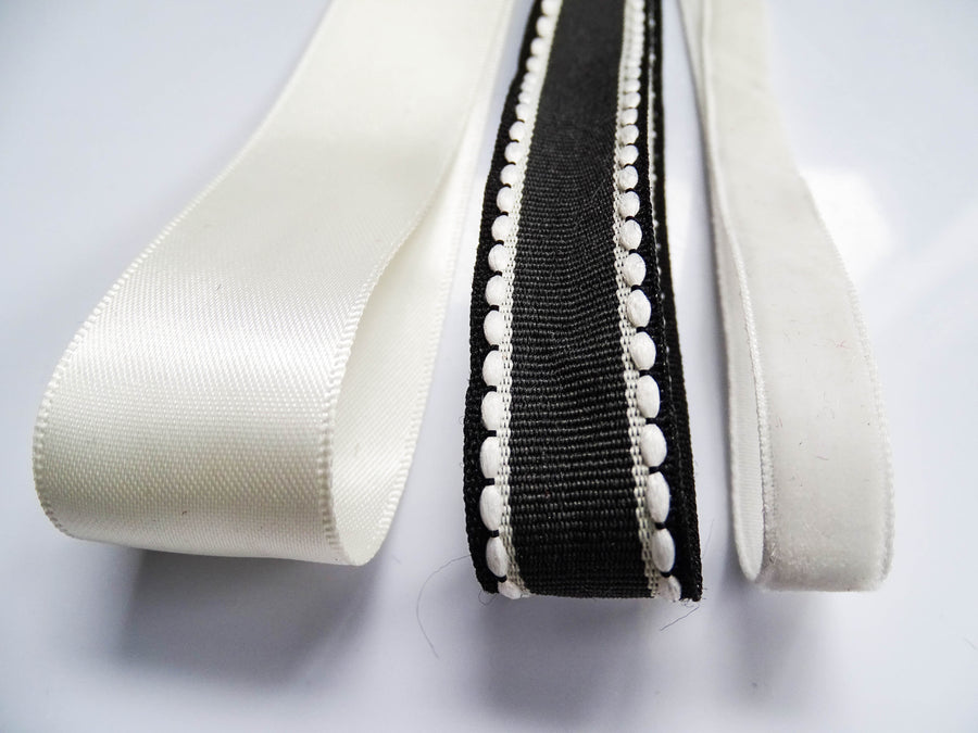 Elegant Ribbon Trio Set – Butter Yellow Satin, Black Ribbon with White Trim & Cream Velvet Decorative Ribbon for Gift Wrapping, Fashion Styling & Luxury DIY Crafts