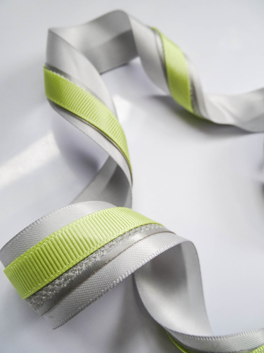 Elegant Silver Grey & Neon Yellow Ribbon Trio Set – Luxury Satin, Woven & Grosgrain Decorative Ribbon Collection