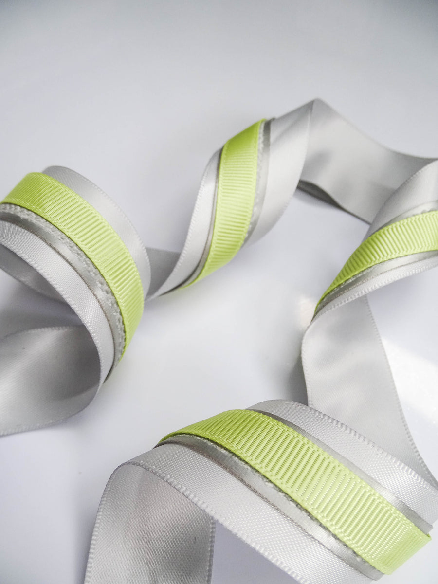 Elegant Silver Grey & Neon Yellow Ribbon Trio Set – Luxury Satin, Woven & Grosgrain Decorative Ribbon Collection