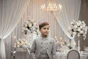 Boys jacquard satin tuxedo blazer for vintage weddings and formal occasions, slim tailored fit with satin lapel