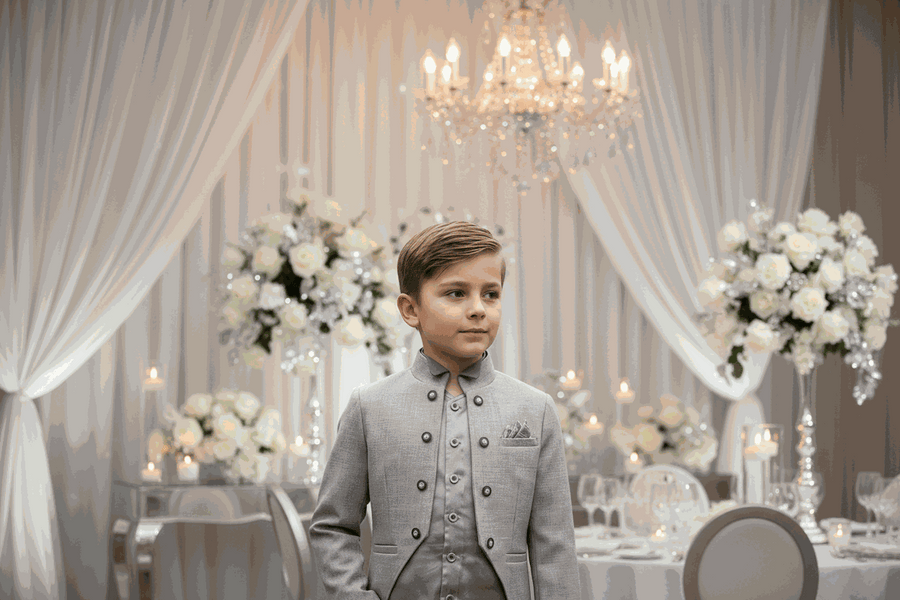 Boys jacquard satin tuxedo blazer for vintage weddings and formal occasions, slim tailored fit with satin lapel