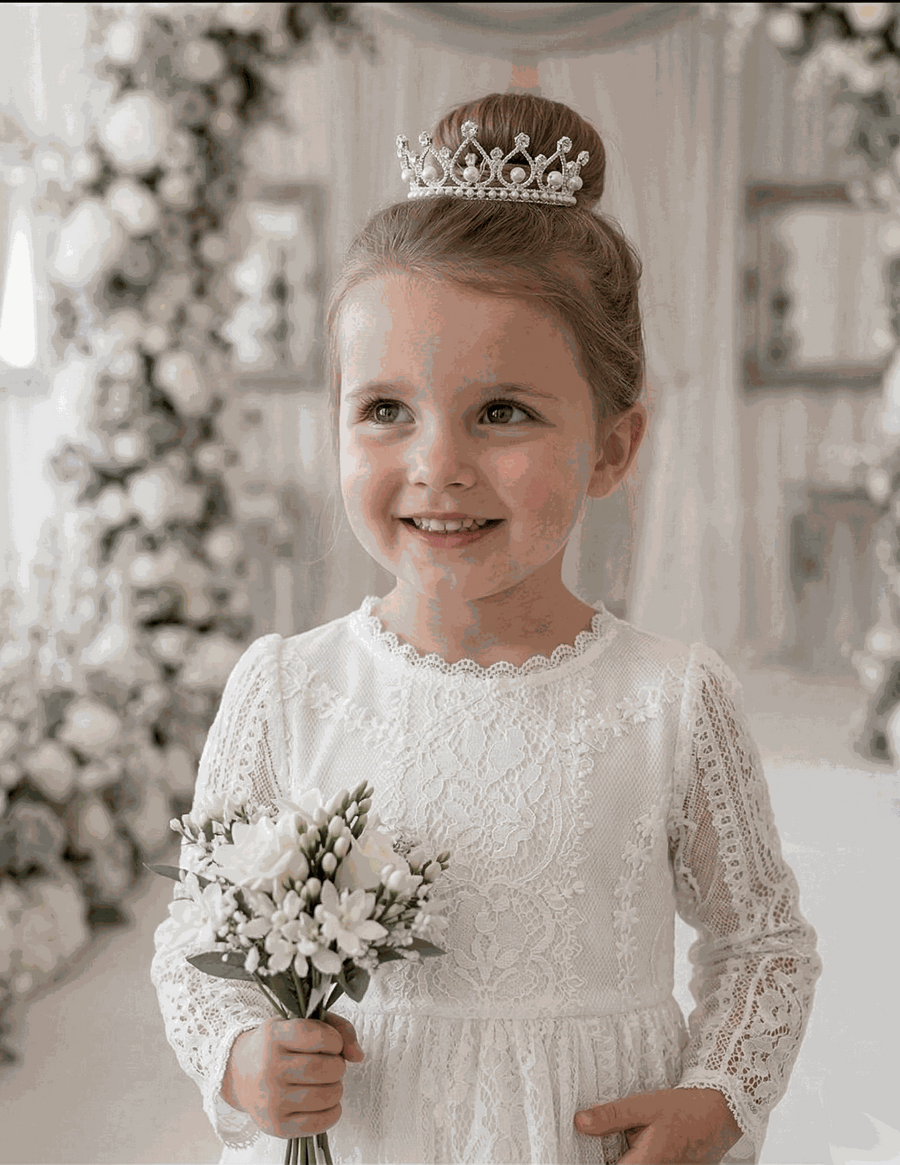 Toddler girl wearing a long white lace fairy dress with vintage floral details and puff sleeves.
