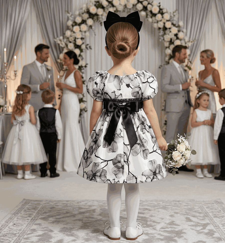 Girls Puff Sleeve Floral A-Line Dress (1–9 Years) | Vintage Princess Party & Occasion Dress