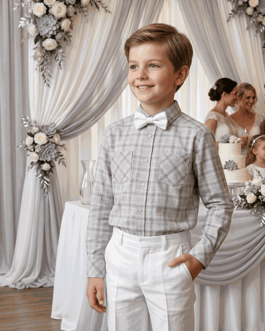 Boys plaid flannel shirt in classic check pattern, soft brushed cotton, long sleeve casual top for ages 3-12 years
