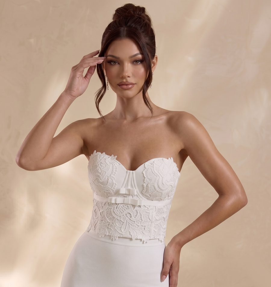 Ivory Lace Corset & Pearl White Midi Skirt Set – 3D Floral Elegant 2-Piece