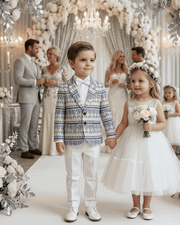 Boys blue floral cotton blazer with artistic print for smart casual and wedding occasions.