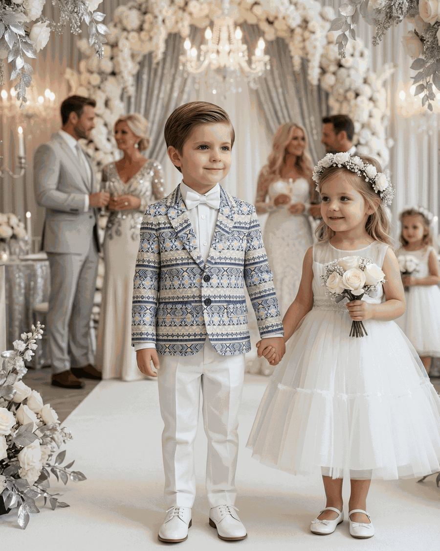 Boys blue floral cotton blazer with artistic print for smart casual and wedding occasions.