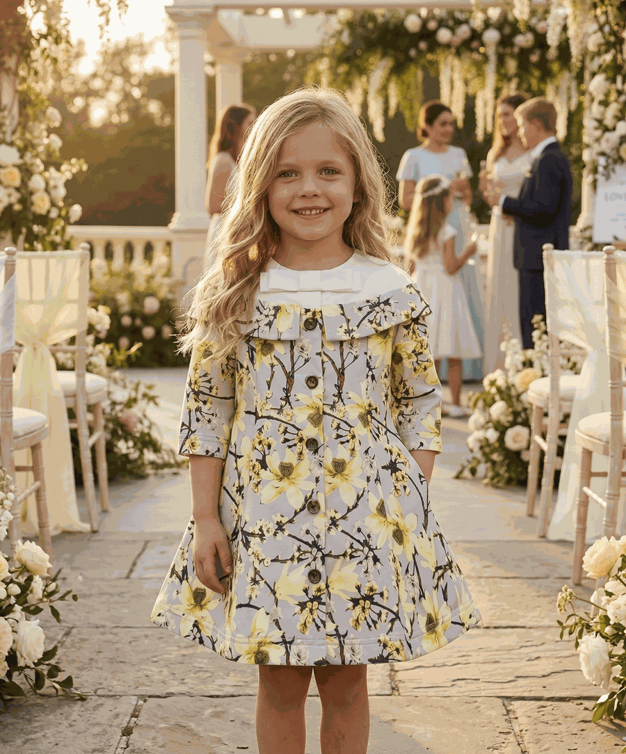 Girl wearing grey floral off-shoulder dress with subtle sheen and A-line silhouette for special occasions and everyday elegance