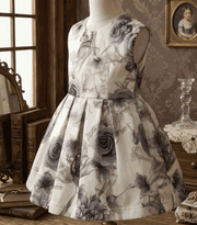 Girls smoke grey floral sleeveless A-line dress with elegant bow for weddings and special occasions