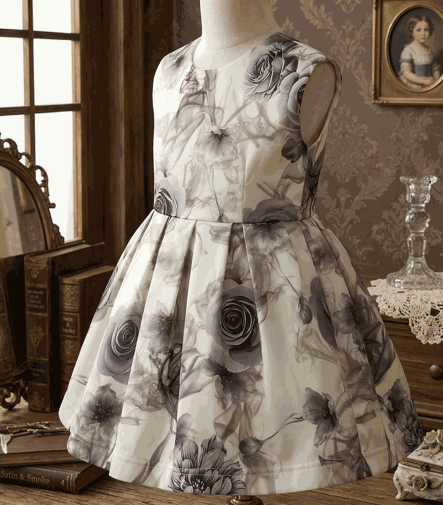 Girls smoke grey floral sleeveless A-line dress with elegant bow for weddings and special occasions