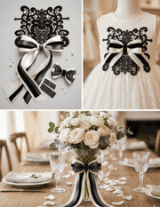 Blush satin, black textured, and grey layered ribbons with intricate floral lace applique in a structured lace set for elegant decor and styling
