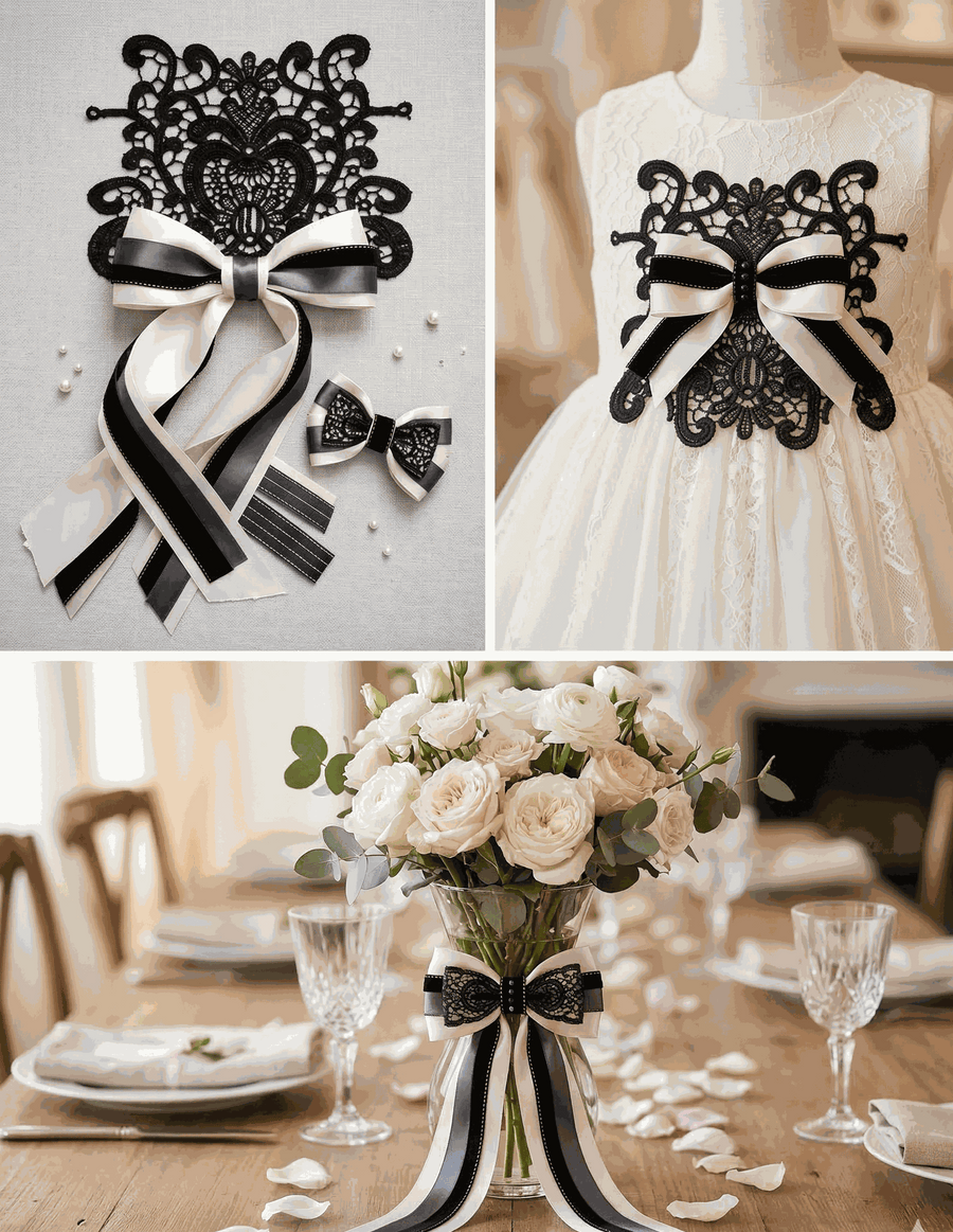 Blush satin, black textured, and grey layered ribbons with intricate floral lace applique in a structured lace set for elegant decor and styling