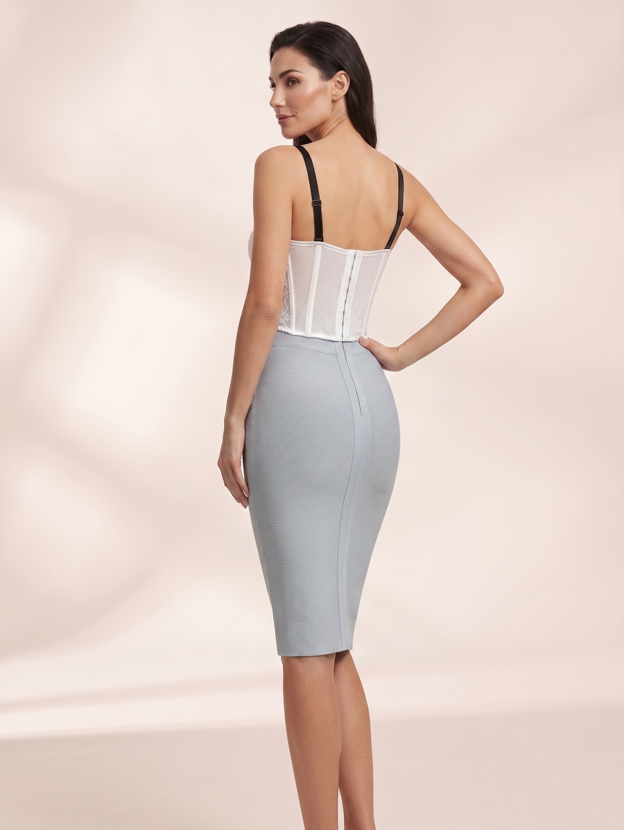 White Satin Corset & Dusty Blue Pencil Skirt Set – Embroidered Elegant 2-Piece Outfit