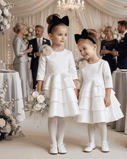Vintage white flower girl dress with jacquard satin bodice and layered tulle skirt for weddings and special occasions