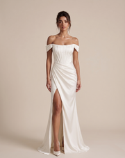 LALLORA Off-Shoulder Draped Corset Satin Wedding Gown - Sculpted Mermaid Bridal Dress with Elegant Slit