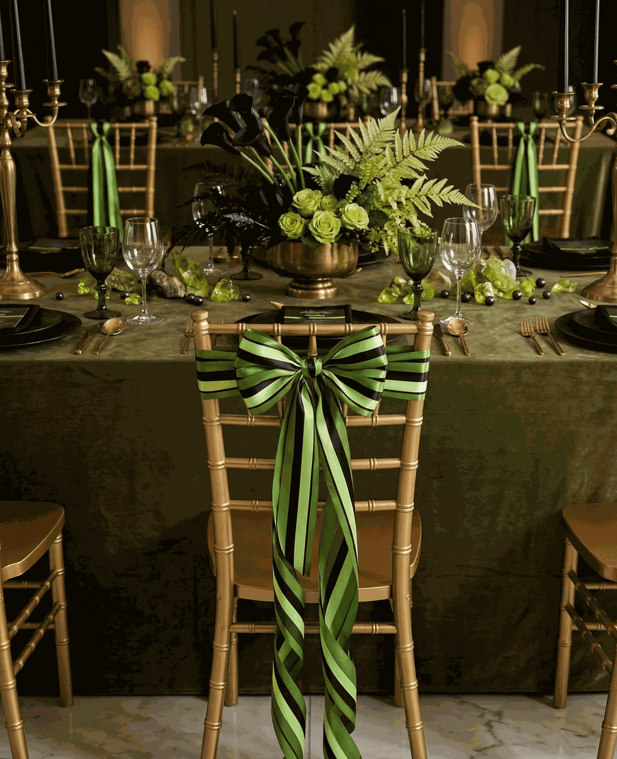 Emerald green satin ribbon set with three textured ribbons for elegant styling and gift wrapping