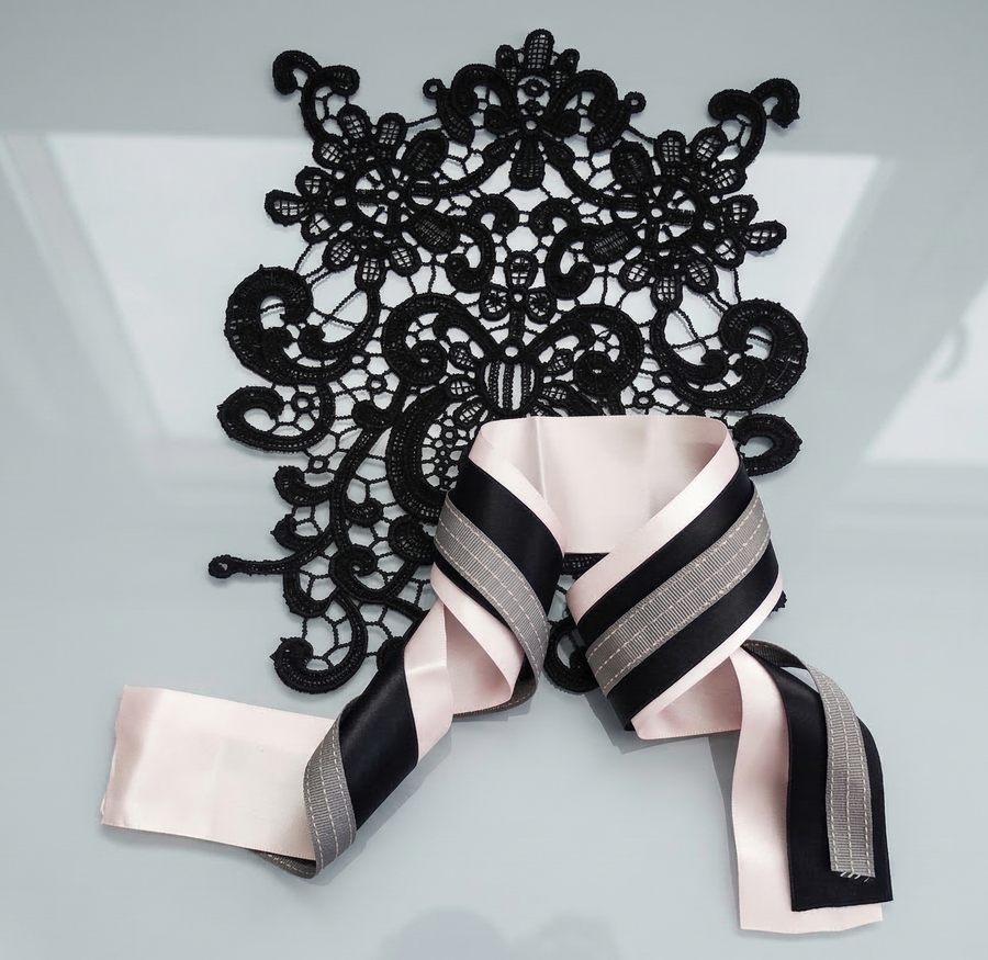 Blush Satin & Black Ribbon Set with Grey Ribbed Detail — Luxury Lace Bow Embellishment Kit