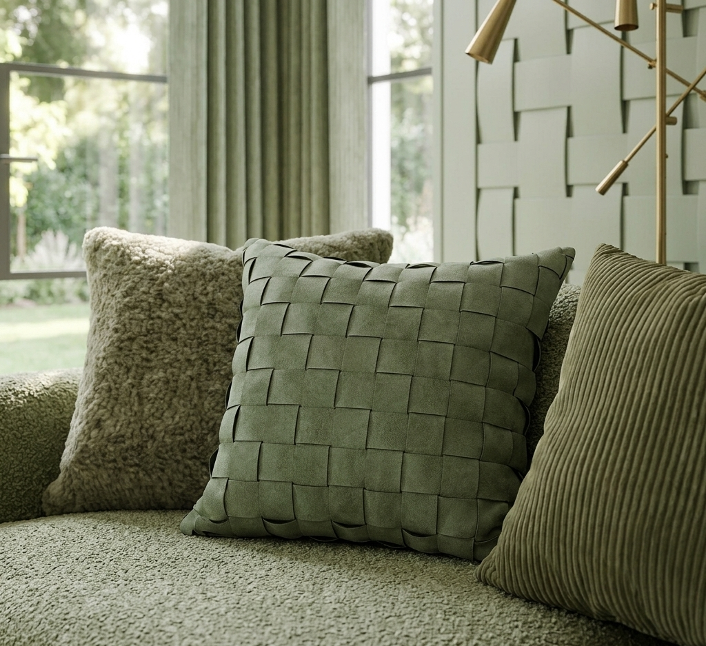 Panelled Green Cushion Cover - Modern Texture with Crafted Detail