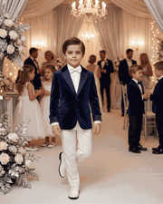 Boy wearing a tailored navy velvet blazer with classic lapels and soft texture, aged 6-9, perfect for formal and everyday occasions