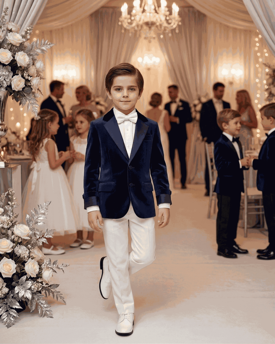 Boy wearing a tailored navy velvet blazer with classic lapels and soft texture, aged 6-9, perfect for formal and everyday occasions