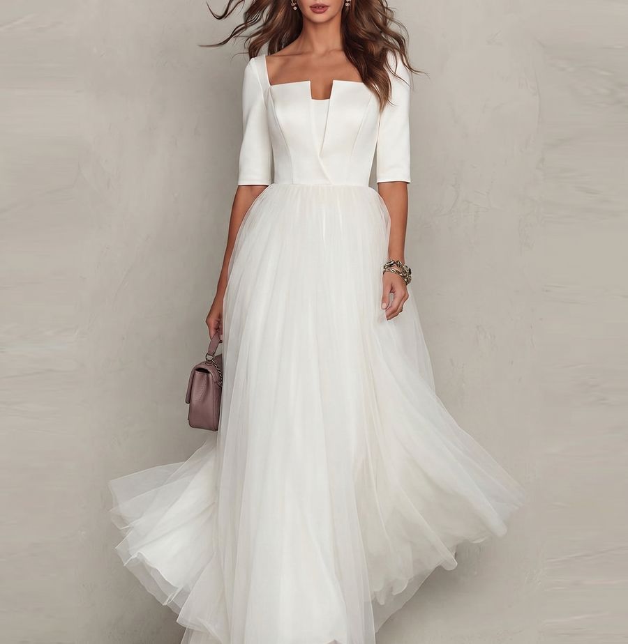 Minimalist Square Neck Tulle Ball Gown - Elegant Couture Wedding Dress